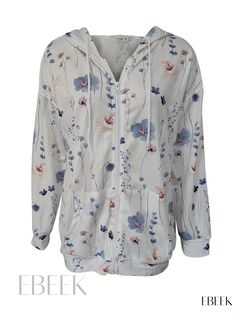 Ebeek - Womens Floral-Print Drawstring Hooded Jacket - Stylish Zip-Up Outerwear with Casual Long Sleeves Fall Care, Printed Drawstring, Sleeve Detail, Zip Up Hoodie, Zip Up, Hooded Jacket, Types Of Printing, Knit Fabric, Knitted Fabric