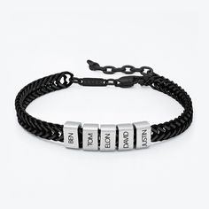 Engraved bracelet for men - Dan Black with Silver Beads. Each inscription add a bead to the bracelet. You can add more beads in the future. An exciting and amazing gift for your man! What's more exciting than a piece of jewelry engraved with the names of your treasures? A gift that combines style, quality and emotion! The bracelet is 100% waterproof, it will not have to be taken off in the gym/s/pool and shower. The highest quality of metal that is resistant to everything. The order in which you Black Engraved Bracelets For Everyday, Adjustable Engraved Black Name Bracelet, Personalized Black Bracelet, Personalized Black Beaded Bracelets, Adjustable, Personalized Adjustable Black Bracelets, Personalized Black Beaded Bracelets For Father's Day, Black Engraved Bracelets For Friendship, Black Engraved Wristband For Friendship, Casual Black Jewelry For Personalized Gifts