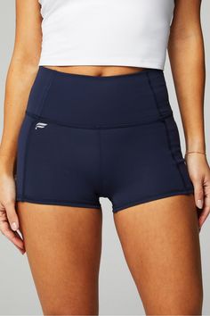 Oasis PureLuxe High-Waisted 2'' Short Fabletics blue female Activewear >> Womens >> Bottoms >> Shorts PureLuxe regular Training/Yoga and Studio 4-Way Stretch/Chafe-Resistant/Moisture-Wicking/Pockets/UPF Protection Buttery-soft pocket style in PureLuxe Yoga Bottoms With Contoured Waistband And Medium Support, Workout Bottoms With Contoured Waistband And Medium Support, Workout Bottoms With Medium Support And Contoured Waistband, Navy Activewear Shorts For Gym, Navy Activewear For Gym, Navy Stretch Short Activewear, Moisture-wicking Medium Support Bottoms, Navy Athleisure Activewear, Short Length, High Rise Sports Bottoms With Contoured Waistband