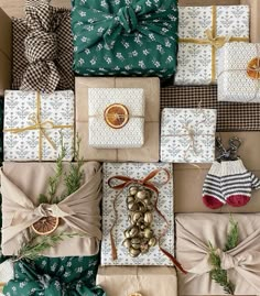 presents wrapped in brown and green wrapping paper