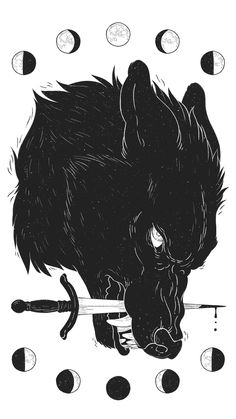 a black and white drawing of a boar with an arrow in it's mouth