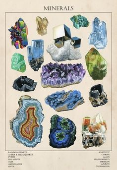 an old book with many different types of rocks and crystals on the cover, including one in