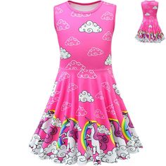 Sleeveless Kawaii Party Dresses, Kawaii Sleeveless Party Dress, Pink Dress For Summer Costume Party, Pink Cotton Princess Dress, Pink Kawaii Party Dress, Summer Cotton Princess Dress, Playful Unicorn Print Princess Dress For Dress-up, Cotton Princess Dress For Summer, Whimsical Summer Rainbow Dress