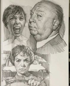 a drawing of two men and a woman with their faces drawn in charcoal on paper