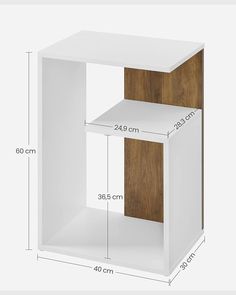 a white and wood shelf with measurements for it