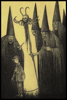 a drawing of three witches with long hair