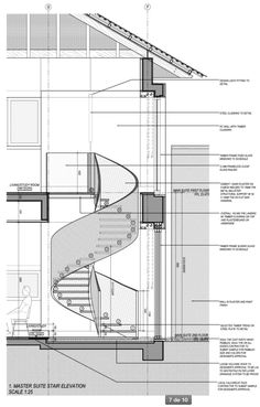 an architectural drawing of a spiral staircase in the shape of a house, with details on it