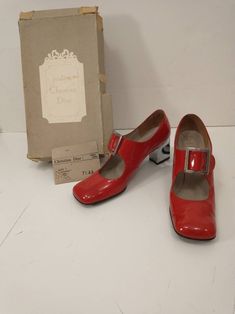 "Great vintage high fashion high heel seventies shoes. Designer is Christian Dior Souliers. Made in France.  Condition good, wear and age but cared for. Have the original box, box rough condition, and the old tissue paper with the Dior insignia. Size marked 7.5 AA & 7 1/2 2A.  Heel height 2 1/2\". Footbed 3\" wide underneath, 2 3/4\" inside. Length 10\" inside, 10 3/8\" underneath. Replacement heel sole, professionally installed. Marked on the box (style) Alto Trouville & Vernis Corail." Retro Square Toe Heels For Evening, Vintage Red Block Heel Heels, Retro Evening Heels, Retro Patent Leather Evening Heels, Retro Patent Leather Heels For Evening, Vintage Heels With Red Sole And Round Toe, Vintage Heels With Red Sole For Evening, Vintage Square Toe Heels For Party, Vintage Evening Heels With Red Sole