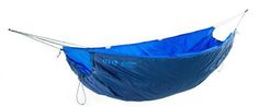 a blue hammock hanging from a rope on a white background with the bottom half open