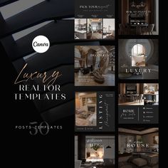 an advertisement for luxury realtor templates in black and white with images of furniture