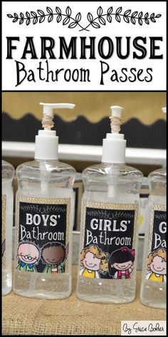 three bottles of soap sitting on top of a table next to each other with the words, farmhouse bathroom passes