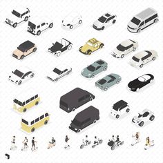 various cars and bicycles are shown in this illustration