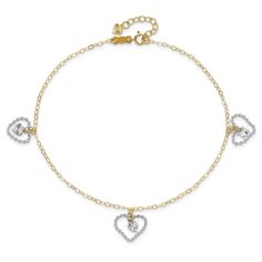 14KT White and Yellow Gold 1" 1MM Heart AnkletHearts symbolize love and affection for someone. They are the ideal gift to celebrate friendship devotion and enduring love. The creation of the heart shape to signify love was first reported at the end of the Middle Ages. Heart-shaped Anklets For Valentine's Day, Adjustable Heart-shaped Anklets For Valentine's Day, Heart Anklet, The Middle Ages, Magnetic Bracelet, Manufacturing Process, Middle Ages, 14kt Gold, Diamond Cut