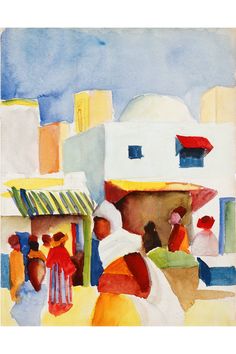 a painting of people walking in front of a white building with red and yellow awnings