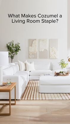 a living room with white couches and paintings on the wall above it that says comfort and style get it all at city