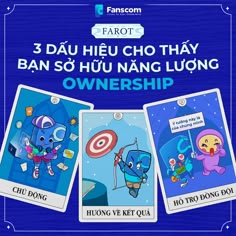 three cards with cartoon characters on them and the words, 3 dau heu cho tha