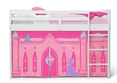 a white bunk bed with pink and purple princess bedspread on top of it