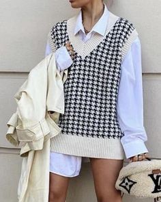 Channel yourself with the Houndstooth V-neck Knitted Vest Sweater! Comfy and stretchy knit shapes this essential sweater that has a V-neckline, sleeveless, and an oversized, boxy bodice. Unlined.100% AcrylicHand Wash Cold. Do Not Bleach. Hang To Dry. Size US AU/UK EU S 4-6 6-8 34-36 M 8-10 10-12 38-40 L 12 14 42 Khaki Vest, Plaid Jacket Women, Houndstooth Sweater, Fall Pullover, Beige Vest, Checkered Jacket, Winter Knit Sweater, Sleeveless Sweater Vest, Pullover Mode