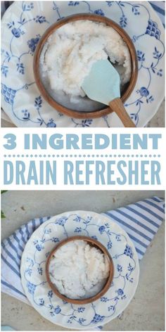 three different pictures with the words 3 ingredient drain refresher on top and bottom