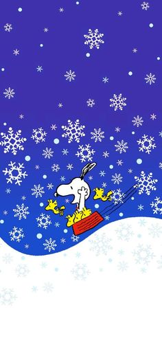 a cartoon dog skiing down a hill with snowflakes on the ground and stars in the sky