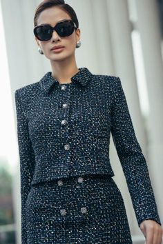 Megan Cropped Collared Neck Tweed Jacket - MEAN BLVD Tweed Suit Women, Chick Outfit, Tweed Fashion, Cozy Clothing, Tweed Skirt Suit, Tweed Outfit, Mean Blvd, Fashion Petite, Business Chic