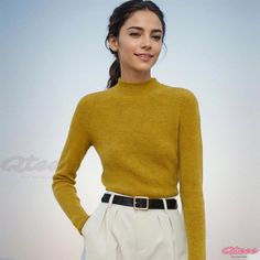 Qteee - Seamless One-Line Knitted Wool Sweater with Half Turtle Neck - Long Sleeve Slim Fit Woolen Pullover Mesh Fashion, Long Bodycon Dress, Merino Wool Sweater, Daily Dress, Lace Mini Dress, Lingerie Fashion, Wool Sweater, High Collar, Mustard Yellow