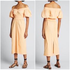 A.L.C. Adena Linen Off-The-Shoulder Midi Dress - Stretch-Linen - Puff-Sleeves - Smocked Waistline - Back Vented Hem - Pullover - Unlined ’Cantaloupe’ Shade Size: 2 69% Linen / 36% Polyamide / 5% Elastane (Material Tag Removed) Dry Clean Gently Pre-Owned - No Holes, Stains Or Tears. Approx. Measurements (Laying Flat): Bust: 15” Waist: 10.5” (Stretchy) Length: 37” Please Review All Photos & Measurements Household Reasonable Offers Welcome! Bundle To Get 10% Off 2+ Items Sorry, Trades Puff Sleeve Midi Dress, Dress Stretch, Sleeve Midi Dress, Puff Sleeves, Puff Sleeve, Off The Shoulder, Size 2, Midi Dress, Dry Clean