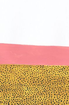 an abstract painting with black dots on yellow and pink