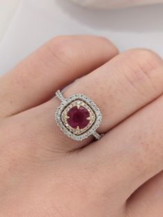 This 14K gold vintage-inspired ring features a round ruby framed by a cushion double halo with a pave diamond-studded shank. A statement ring design perfect for an eye-catching engagement or anniversary. This ring also makes a beautiful July birthstone gift for your loved ones! The occasions to show off this ring are endless - Mother's Day, graduation, wedding, birthday, date night, Christmas, etc. :) This ring is made with solid 14K Gold and naturally Earth-mined SI / G-H diamonds. As listed, t Birthday Date Night, Birthday Date, Designer Silver Jewellery, Night Christmas, Jewelry Showcases, Double Halo, July Birthstone, Ruby Ring, Earring Findings