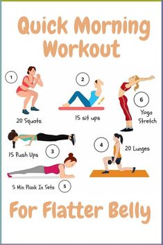 a poster showing how to do a quick morning workout for flatter bellys and thighs