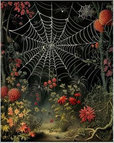 an image of a spider web in the middle of flowers