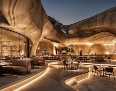 the interior of a restaurant with curved wooden walls and floor to ceiling windows, lit up at night