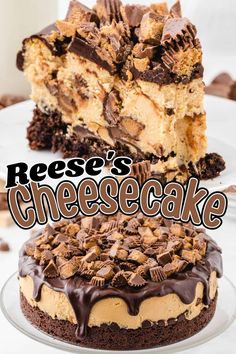 there is a cake that has been cut in half and the words reese's cheesecake on it