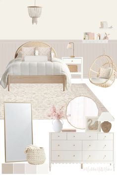 a bedroom is shown with white furniture and accessories, including a bed, dresser, mirror, lamp, chair, table