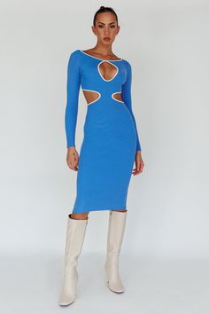 Fitted Blue Midi Sweater Dress, Blue Fitted Midi Sweater Dress, Fitted Blue Knitted Dress, Blue Ribbed Long Sleeve Dress, Blue Ribbed Knit Dress, Pink Dress Shoes, Statement Purse, Midi Dress Blue, Dinner Dates