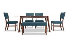 an image of a dining table and chairs set with blue upholstered fabric seats