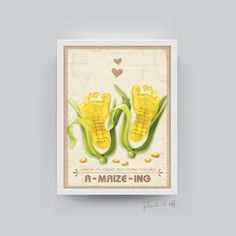 two corn on the cob greeting card with hearts in the background and text that reads, i love you