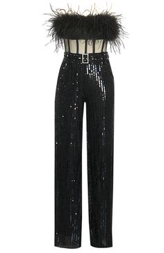 Strapless Feather Sequin Jumpsuit Black DESIGN: Color: Black Strapless design Sleeveless Feather detail Sequined Mesh insert Belt detail Structured design Embellished with rhinestones Concealed zipper at back Body sculpting design Gentle Dry Clean Only Length: Maxi MATERIAL: Polyester + Cotton High quality durable fabric. High elasticity for a better fit.  Delicate sewing and hemming by durable needle lockstitch machine. YKK zipper (known as the most durable and reliable zippers manufactured today). To maintain the beauty of your gartment, please follow the care instructions on the attached label. Colour may vary due to lighting on images. The product images (without model) are closest to the true colour of the item.   * Order one size up for a relaxed fit. * Pay special att 4th Outfits, Fall Going Out Outfits, September Outfits, Summer Business Casual Outfits, Black Jumpsuits, Summer Night Outfit, Long Sleeve Bandage Dress, July Outfits, Date Outfit Summer