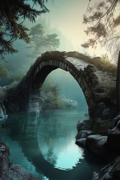 a painting of a stone bridge over a body of water