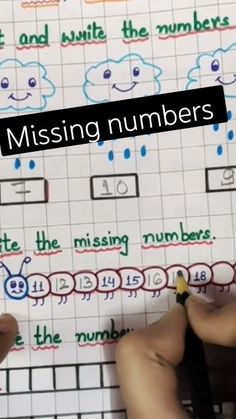 two hands are writing numbers on a sheet of paper with the words missing numbers written in it