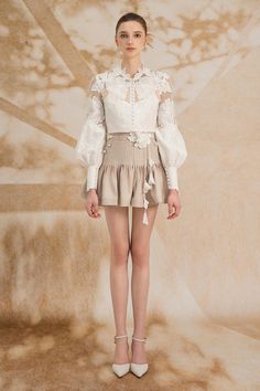 Feminine Beige Lace Top With Lace Patchwork, Feminine Beige Lace Top With Patchwork, Feminine Beige Lace Patchwork Top, Cream Lace Fitted Sets, Fitted Cream Lace Sets, Elegant Beige Lace Top With Lace Sleeves, Elegant Lace Sets, Elegant Beige Sets With Lace Work, Elegant Cream Sets With Lace Work