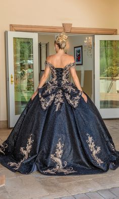 Gold lace embroidered off the shoulder a-line quinceanera ball gown with bow detail on back. Rhinestone Decorations, Quince Stuff, Quincenera Dresses, Blue Quince, Quince Dress, Body Measurement, Embroidered Bodice, Quinceanera Dress, Rhinestone Embellishments