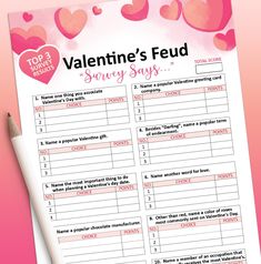 a valentine's day survey sheet with hearts on it