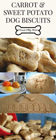 some breads and pastries are shown with the words carrot & sweet potato dog biscuits