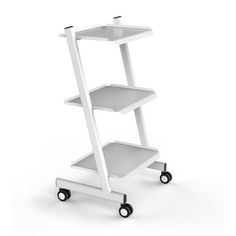 a white cart with three shelves on wheels