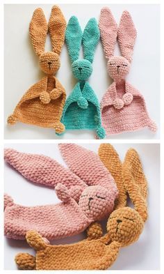 crocheted stuffed animals are shown in three different colors