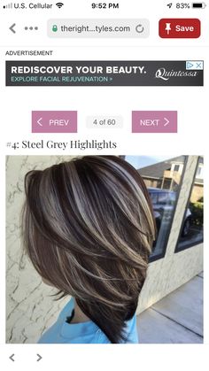 Brown Hair With Silver Highlights, Highlights For Dark Brown Hair, Platinum Blonde Highlights, Chocolate Brown Hair Color, Short Brown Hair, Dark Hair With Highlights, Brown Hair With Blonde Highlights, Blending Gray Hair, Gray Hair Highlights