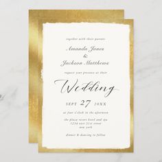 a wedding card with gold foil on it