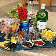 an assortment of alcoholic drinks on a tray with lemons, cranberries and gin