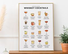 a poster showing different types of whiskey cocktails on a table next to a potted plant